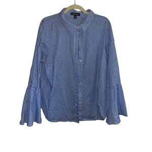 Blue & White Striped Flared Bell Sleeve Button-Down Shirt Alexander Jordan  1X